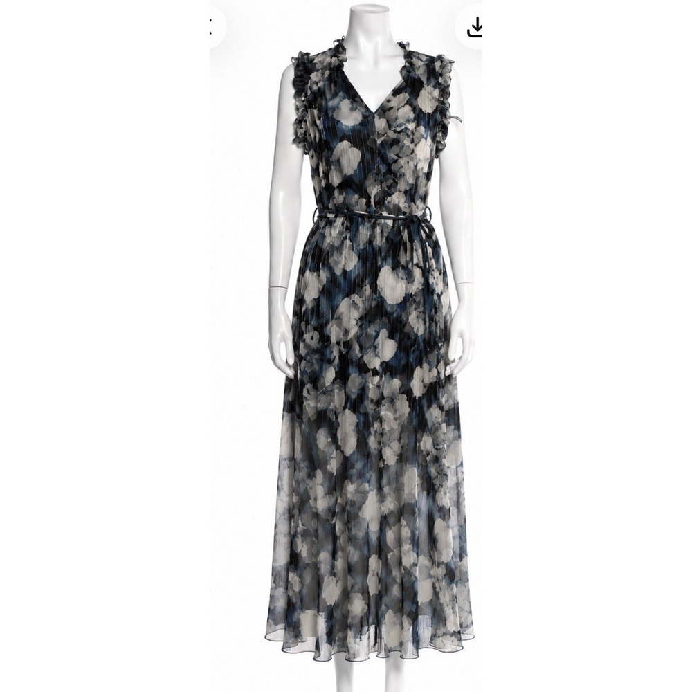 Christy Lynn dress maxi cap sleeve sz S floral White blue sheer layered belted